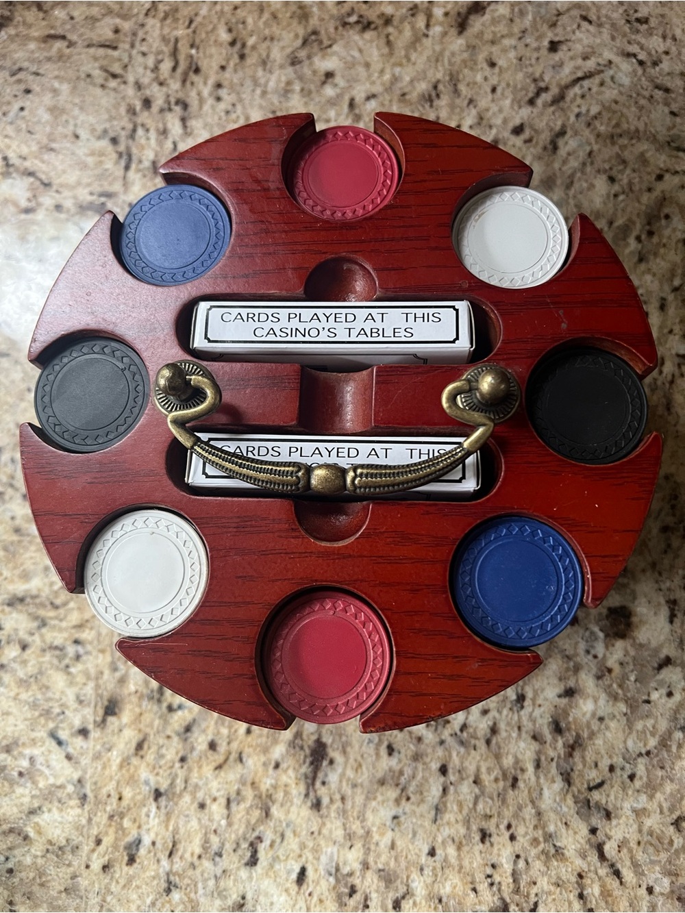 Vintage Heavy Spinning Wooden Poker Chip Carousel with Multi-Color Chips & Cards